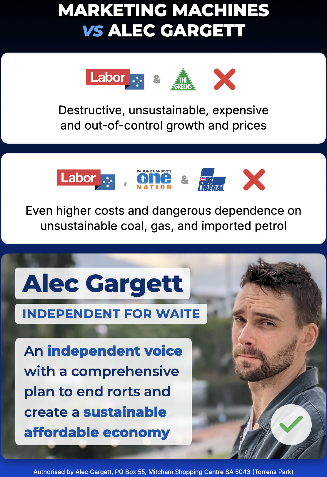 Alec Gargett comparison with Labor, Greens, One Nation and the Liberals